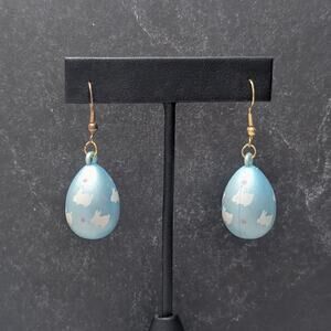 Vintage Dangle Earrings Easter Theme Dangle Sky Blue Egg With Bunny Rabbits
